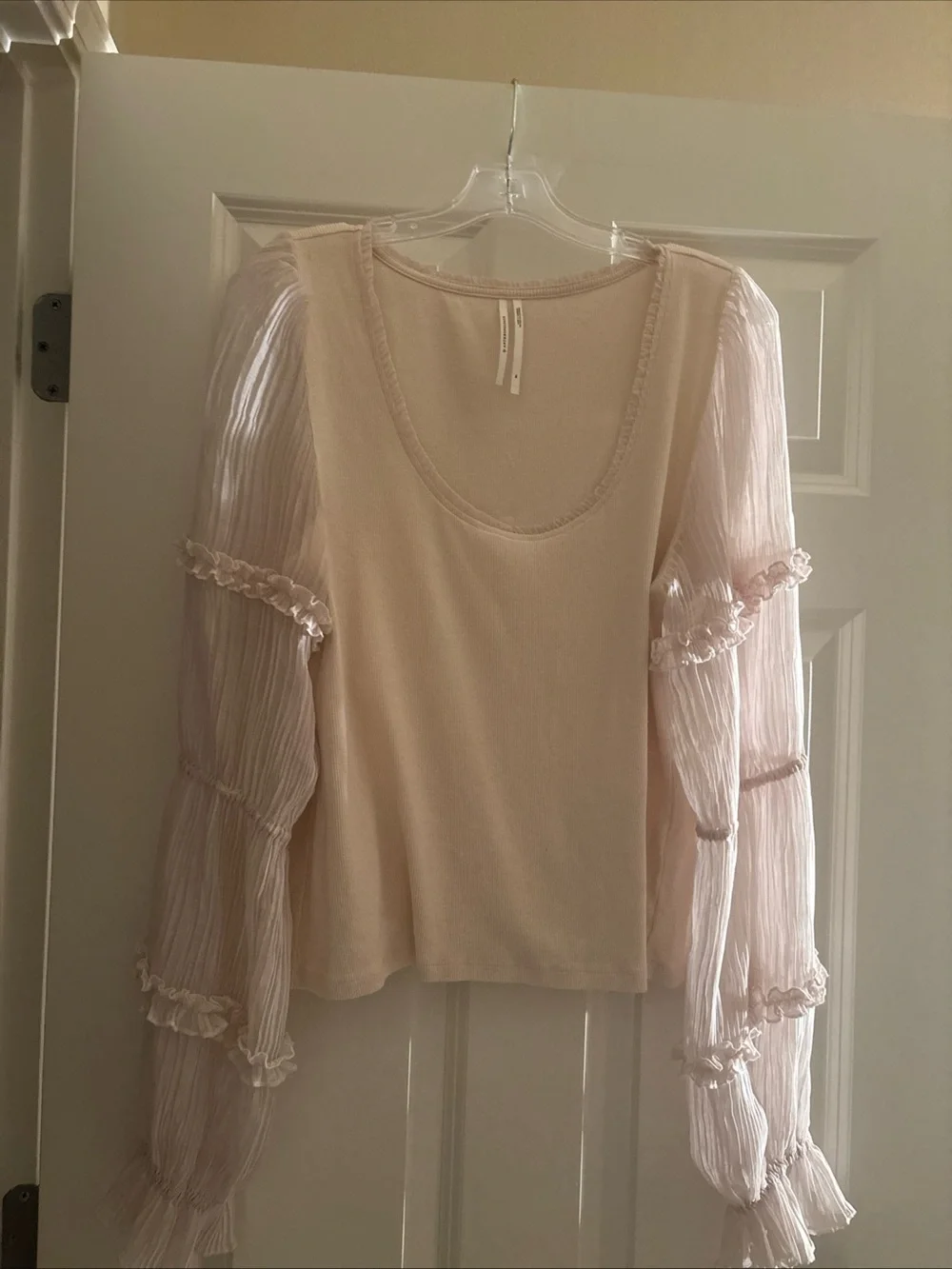 Anthropologie Cream Sheer-Puff Long-Sleeve Scoop Top